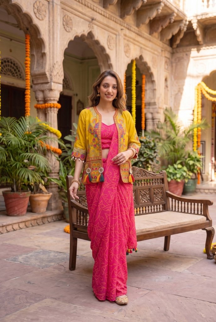 Royal Pink Saree with Mustard Embroidered Jacket – Festive Glamour by Utsavika