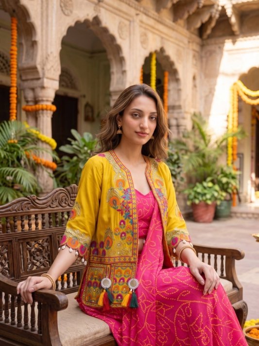 Royal Pink Saree with Mustard Embroidered Jacket – Festive Glamour by Utsavika