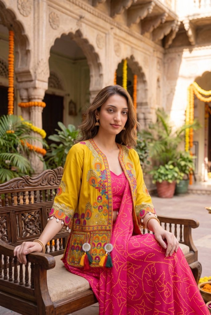 Royal Pink Saree with Mustard Embroidered Jacket – Festive Glamour by Utsavika