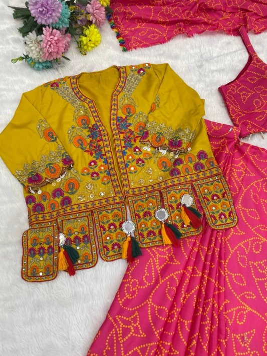 Royal Pink Saree with Mustard Embroidered Jacket – Festive Glamour by Utsavika
