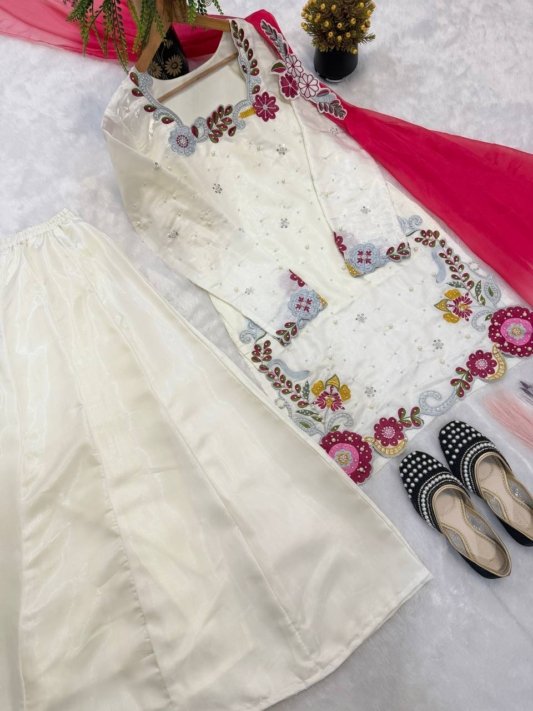 Premium Ivory White Sharara Suit with Pink Floral Embroidery and Designer Dupatta – view 11