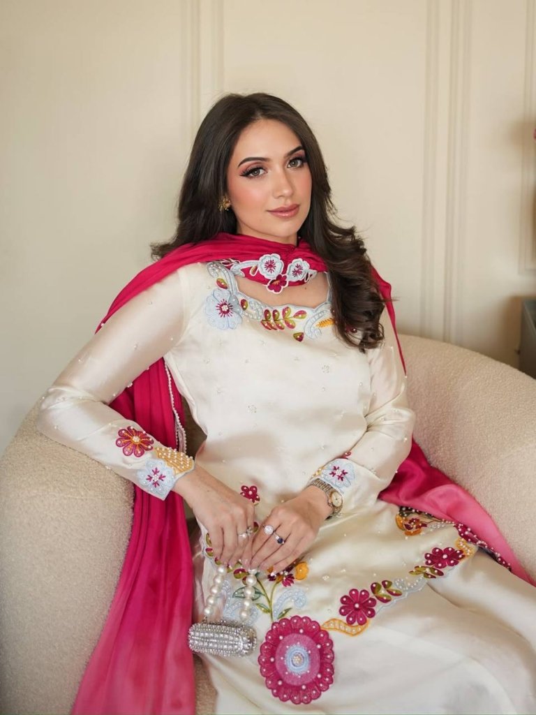 Premium Ivory White Sharara Suit with Pink Floral Embroidery and Designer Dupatta