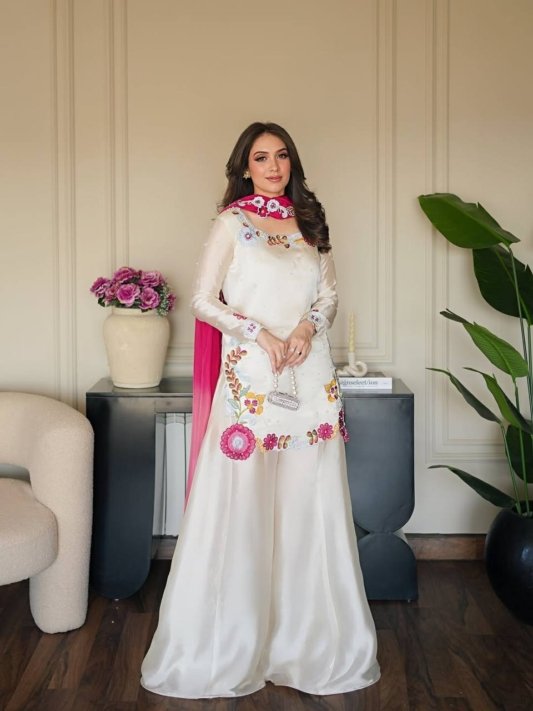 Premium Ivory White Sharara Suit with Pink Floral Embroidery and Designer Dupatta