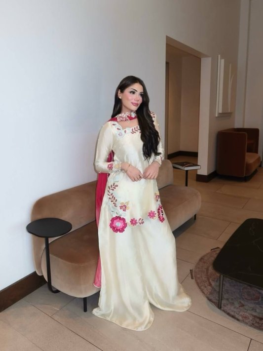 Premium Ivory White Sharara Suit with Pink Floral Embroidery and Designer Dupatta – view 10
