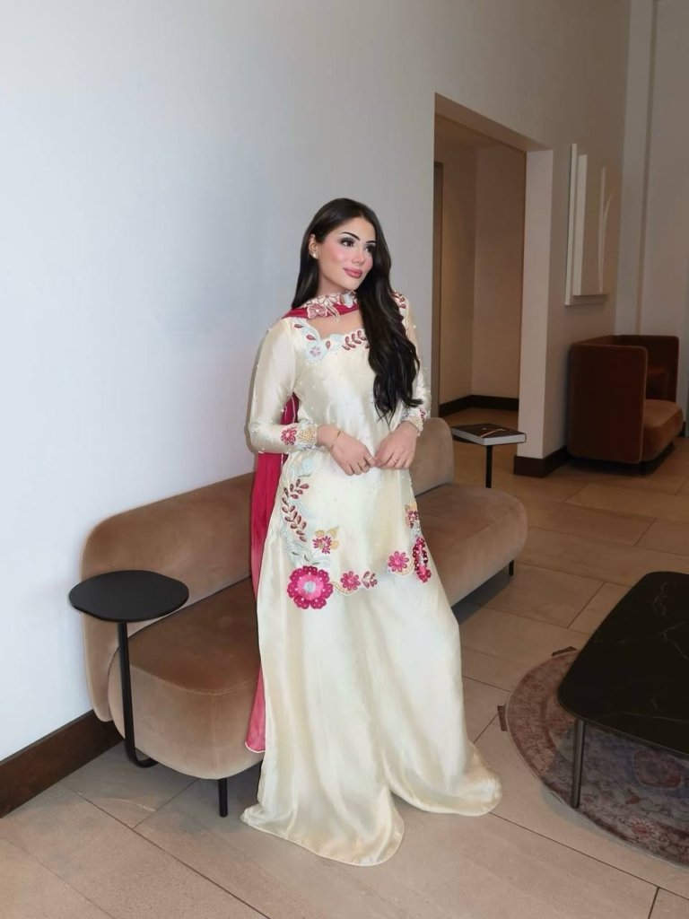 Premium Ivory White Sharara Suit with Pink Floral Embroidery and Designer Dupatta