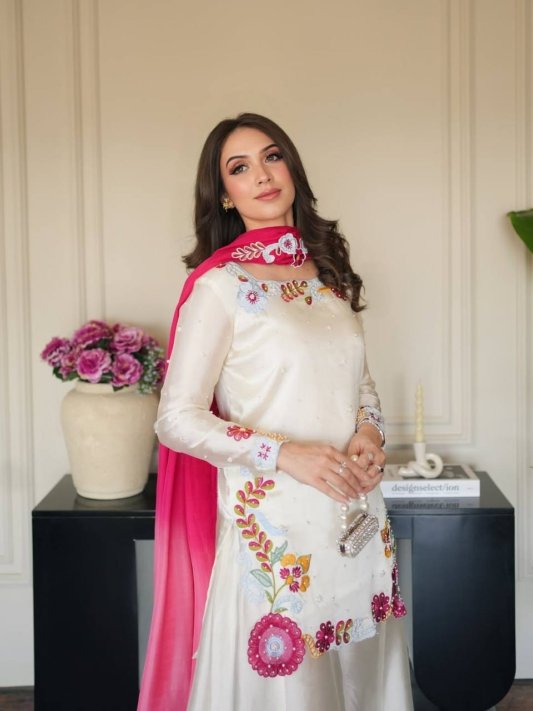 Premium Ivory White Sharara Suit with Pink Floral Embroidery and Designer Dupatta
