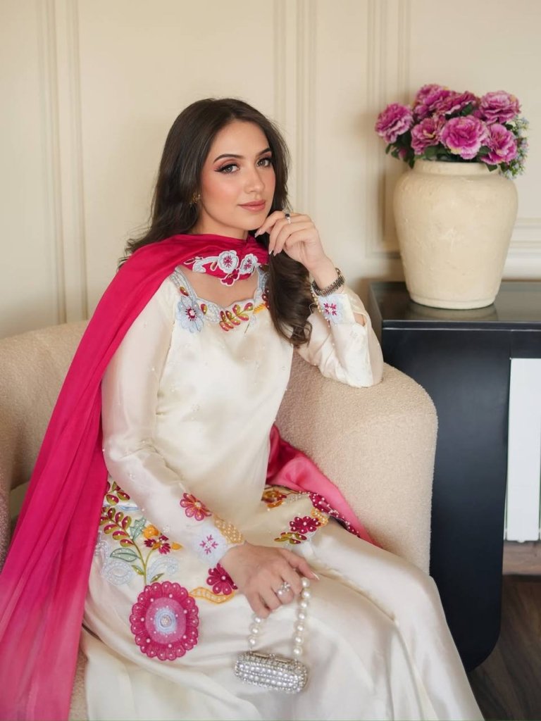 Premium Ivory White Sharara Suit with Pink Floral Embroidery and Designer Dupatta