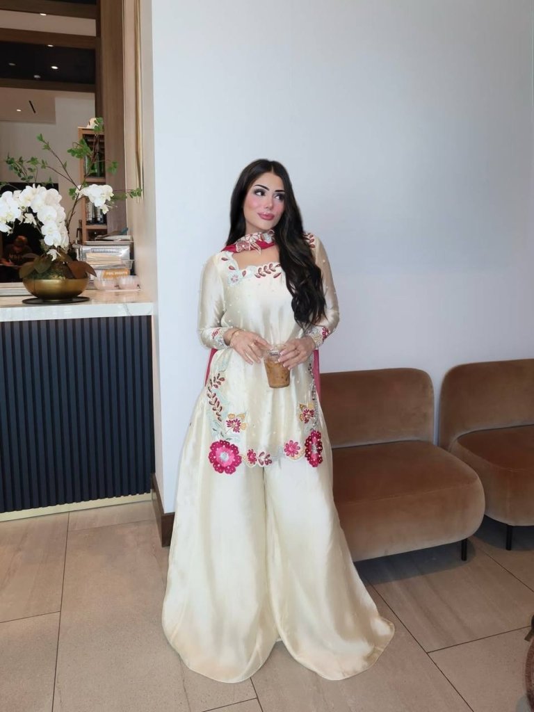Premium Ivory White Sharara Suit with Pink Floral Embroidery and Designer Dupatta