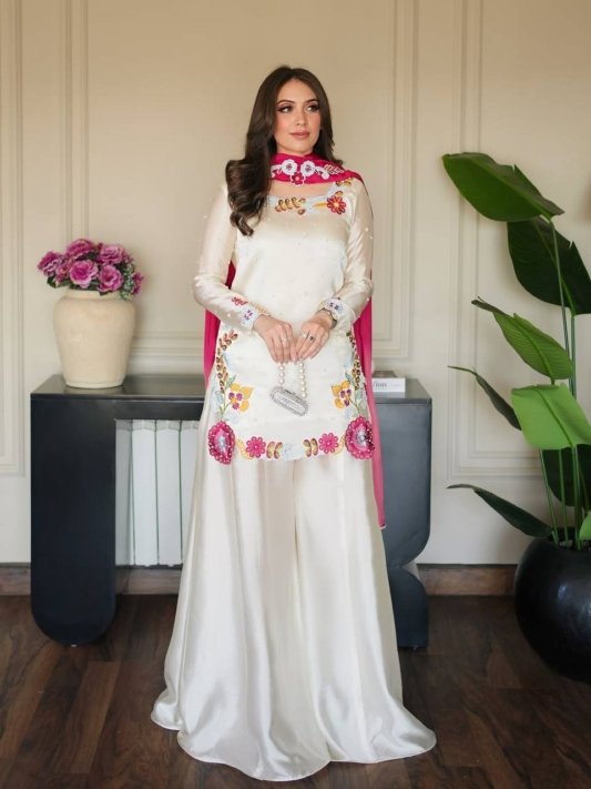Premium Ivory White Sharara Suit with Pink Floral Embroidery and Designer Dupatta