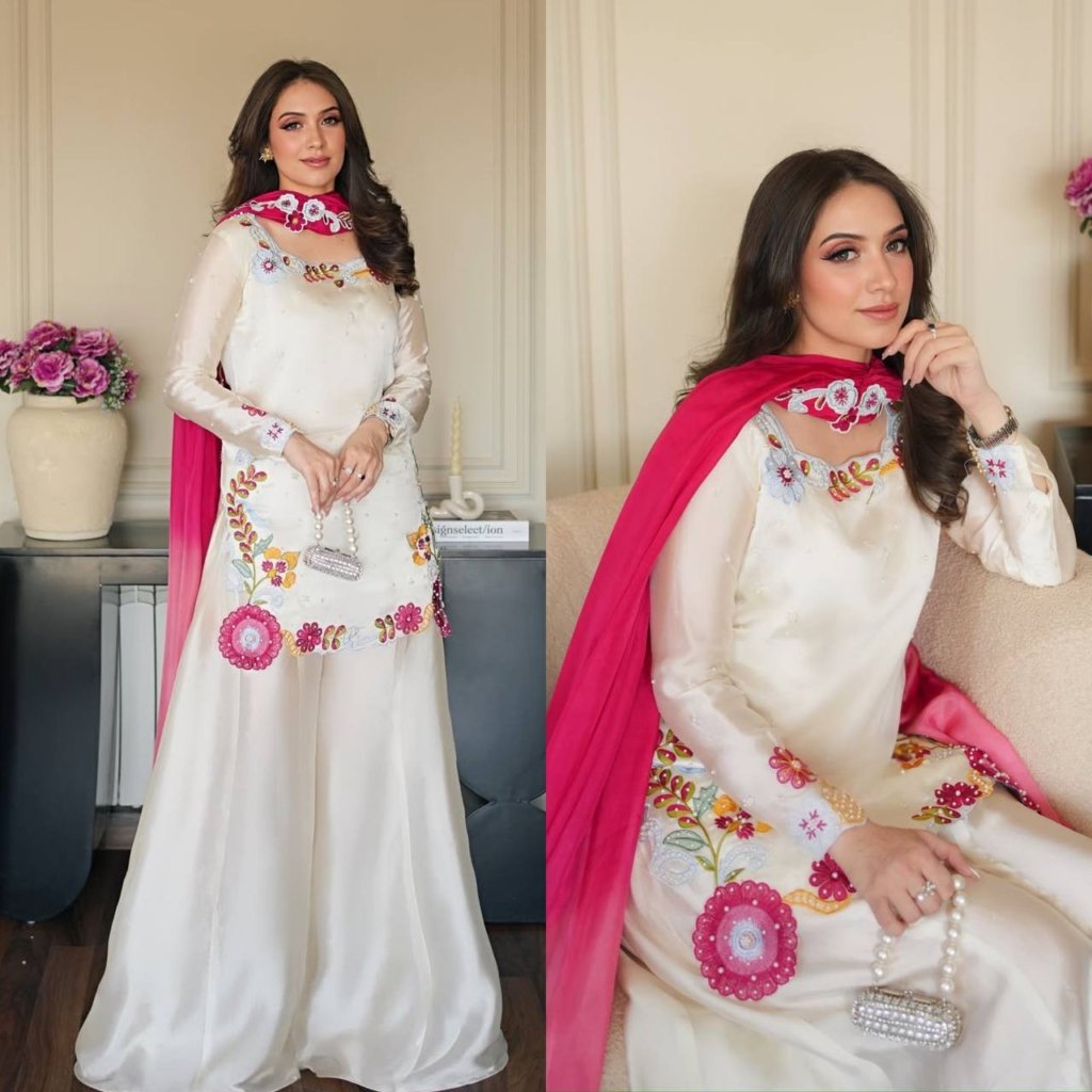 Premium Ivory White Sharara Suit with Pink Floral Embroidery and Designer Dupatta