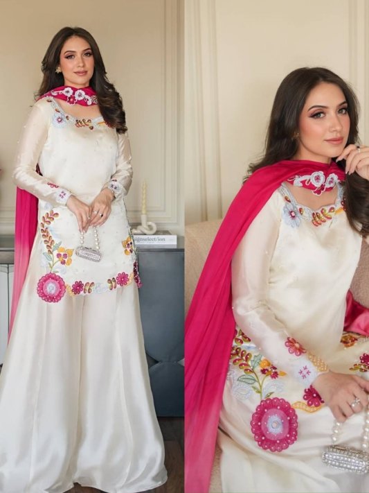 Premium Ivory White Sharara Suit with Pink Floral Embroidery and Designer Dupatta – view 6