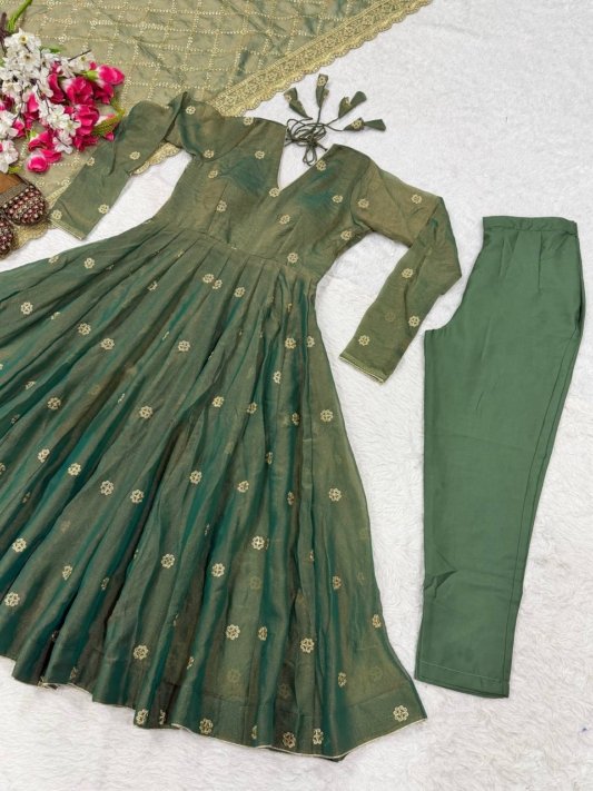 Premium Olive Green Anarkali Gown with Golden Embroidery and Matching Dupatta – view 8