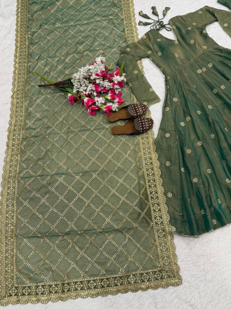 Premium Olive Green Anarkali Gown with Golden Embroidery and Matching Dupatta