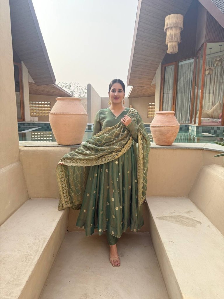 Premium Olive Green Anarkali Gown with Golden Embroidery and Matching Dupatta
