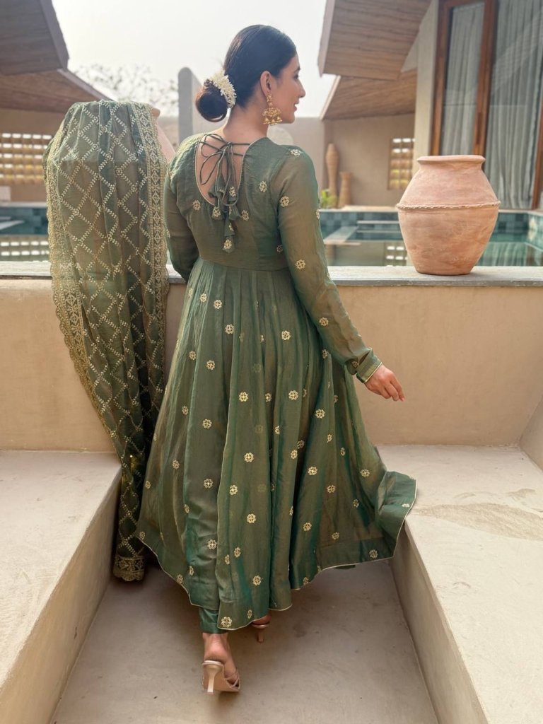 Premium Olive Green Anarkali Gown with Golden Embroidery and Matching Dupatta