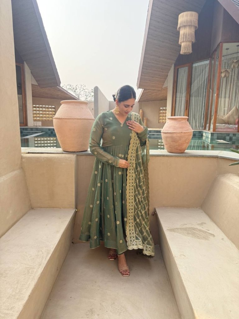 Premium Olive Green Anarkali Gown with Golden Embroidery and Matching Dupatta