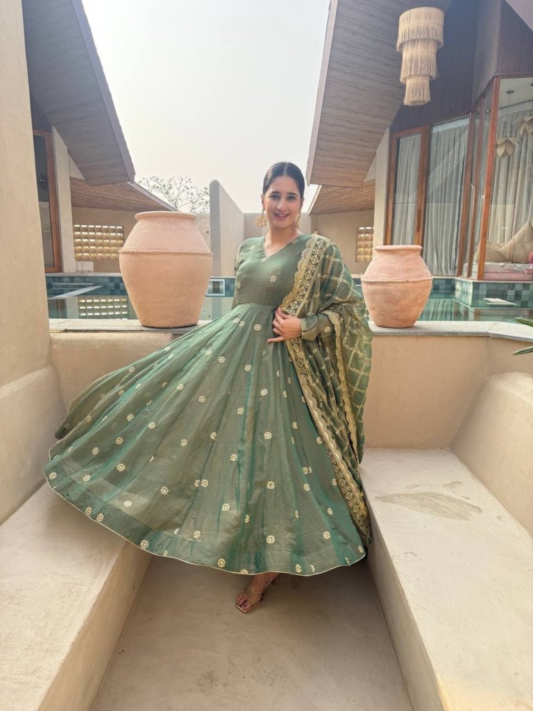 Premium Olive Green Anarkali Gown with Golden Embroidery and Matching Dupatta