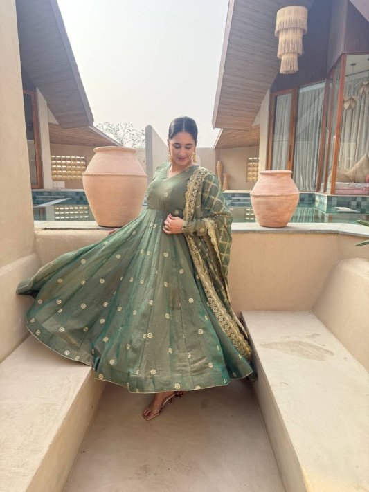 Premium Olive Green Anarkali Gown with Golden Embroidery and Matching Dupatta – view 6