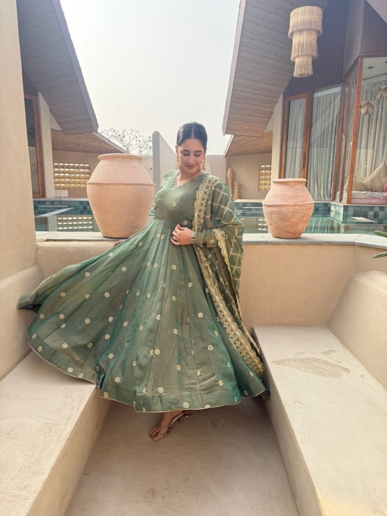 Premium Olive Green Anarkali Gown with Golden Embroidery and Matching Dupatta