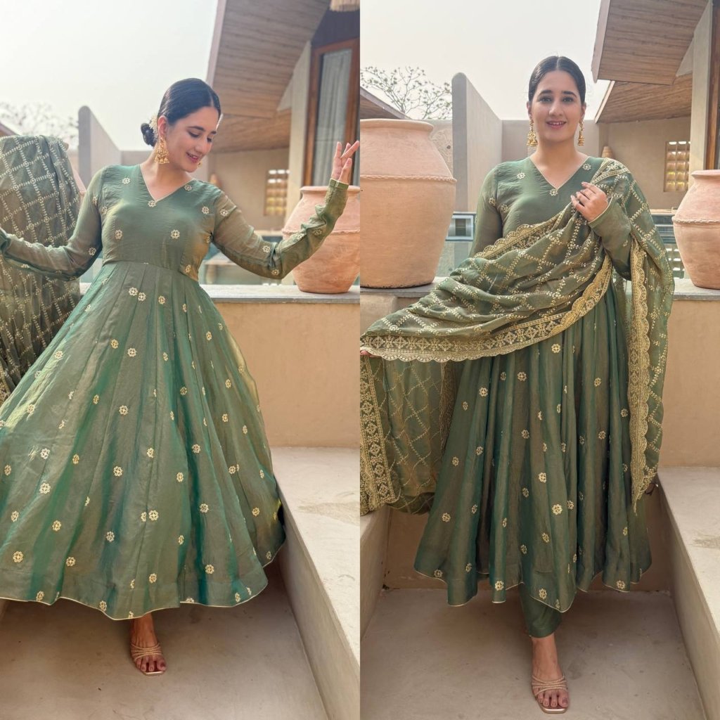 Premium Olive Green Anarkali Gown with Golden Embroidery and Matching Dupatta