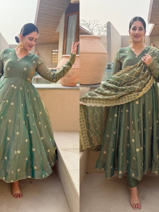 Premium Olive Green Anarkali Gown with Golden Embroidery and Matching Dupatta – view 7
