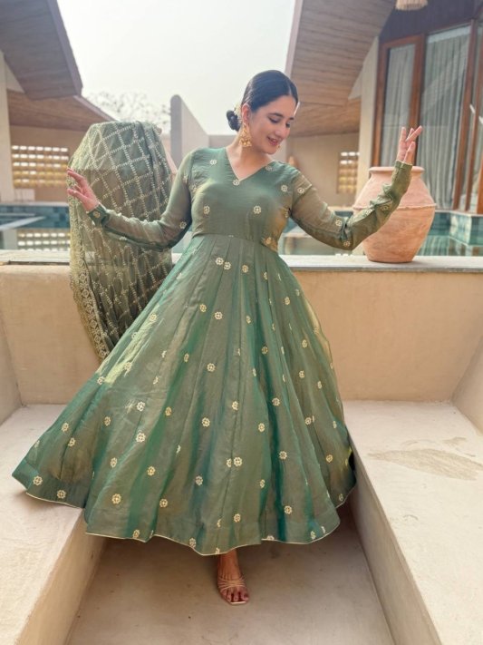 Premium Olive Green Anarkali Gown with Golden Embroidery and Matching Dupatta